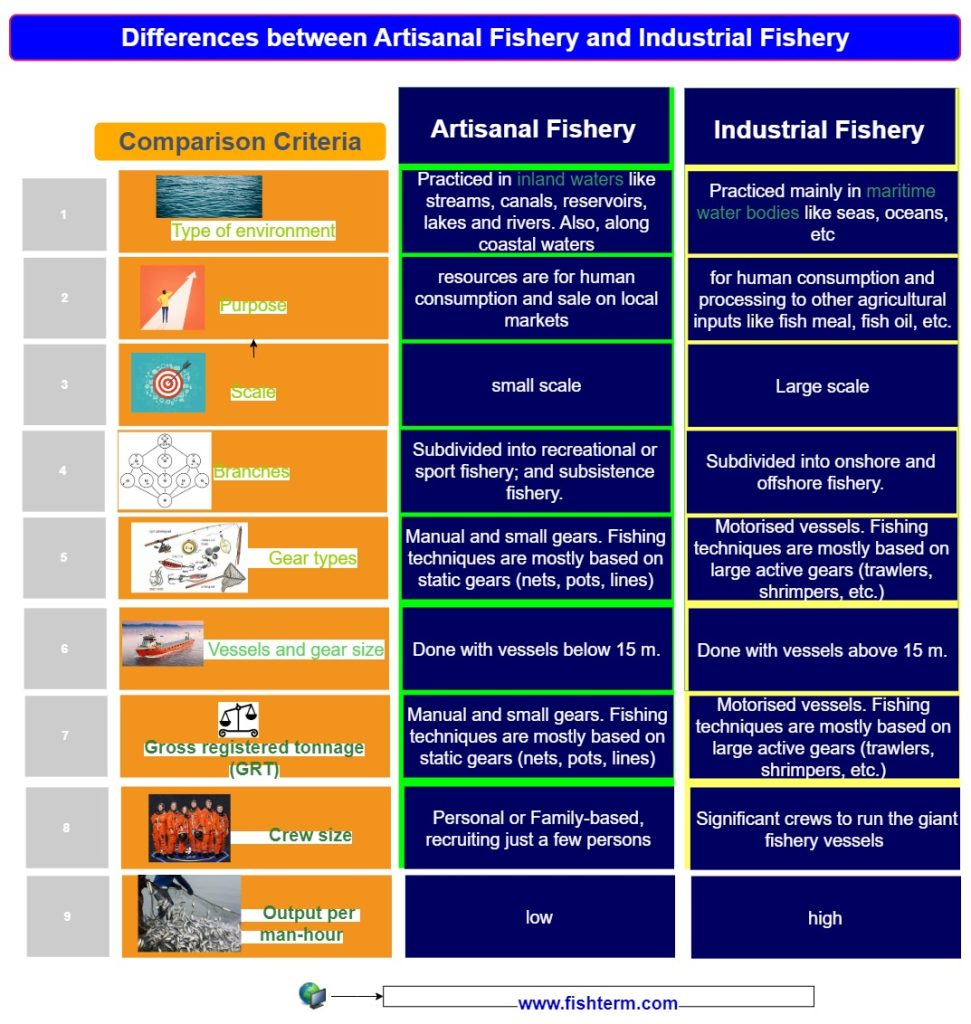 Difference between artisanal fishery and marine fishery